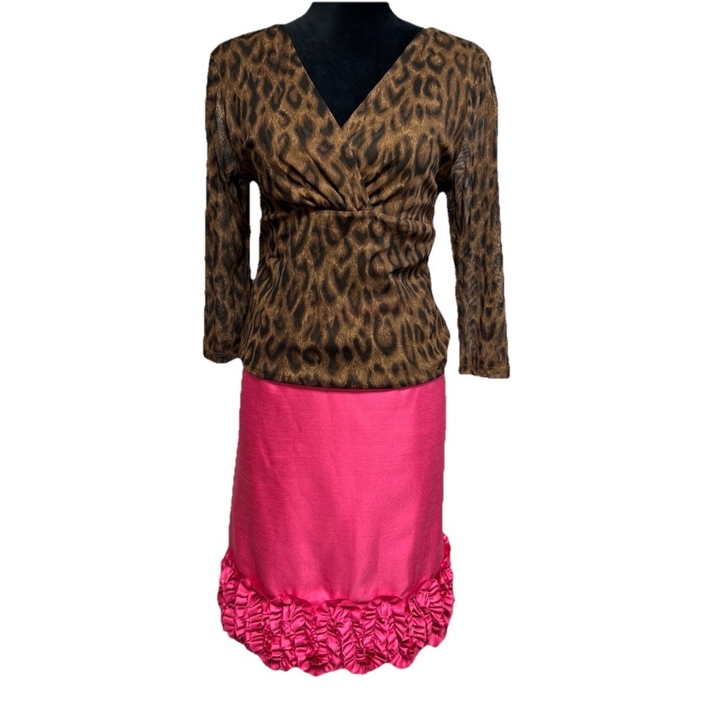 Y2K VTG Bright Pink coquette ruffle Trim skirt Sz 12 Kawaii Glam Career